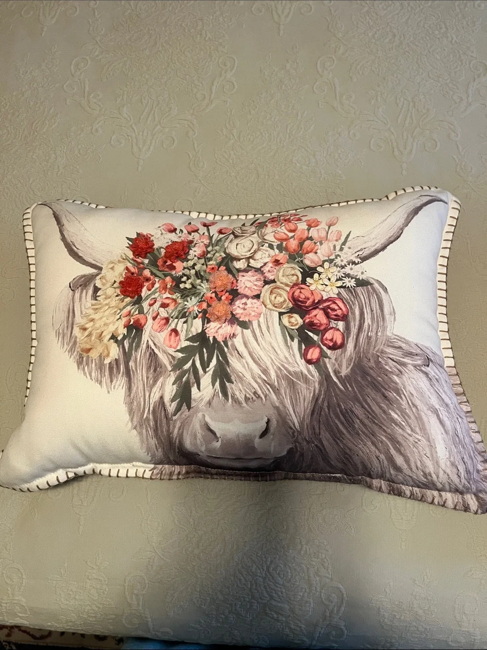 Whimsical Floral Highland Cow Decorative Pillow - Cream